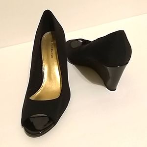 Bandolino "Tuff Love" Satin Wedge Peep Toe Heels